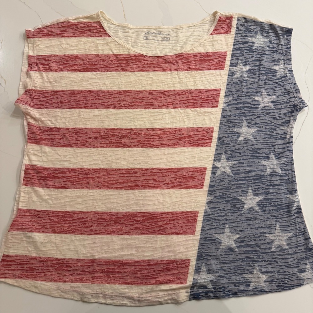 Eddie Bauer Womens 2XL Patriotic American‎ Flag Stars Stripes Burnout T-Shirt